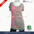 women`s long length neon print tee shirt with wrinke at sideseam